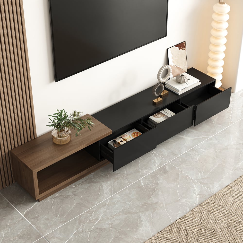 Hodnocení zákazníků pro položku Rozkládací televizní skříňka Quoint se 3 zásuvkami od 179 cm do 255 cm v černé a ořechové barvě