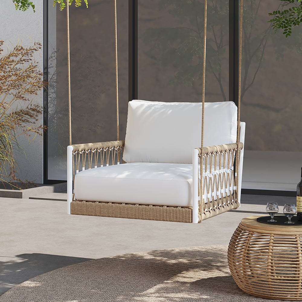 Questions and Answers for Ropipe Outdoor 1-Seater Swing Sofa in Khaki with Hand Woven Rope & White Cushion
