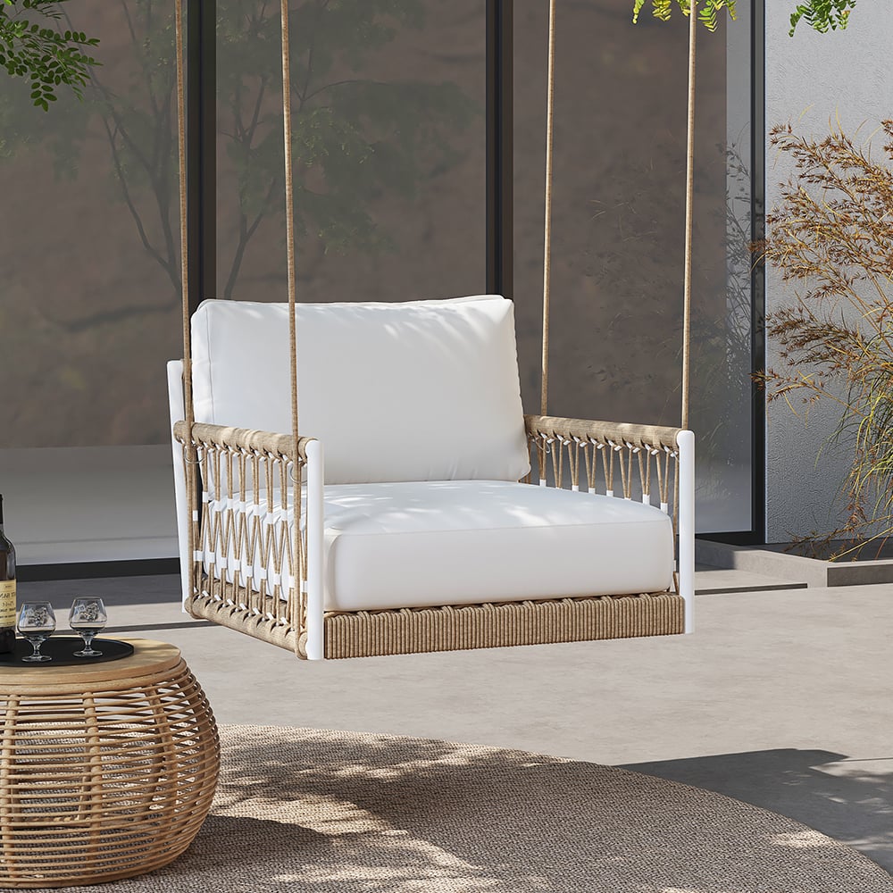 Questions and Answers for Ropipe Outdoor 1-Seater Swing Sofa in Khaki with Hand Woven Rope & White Cushion