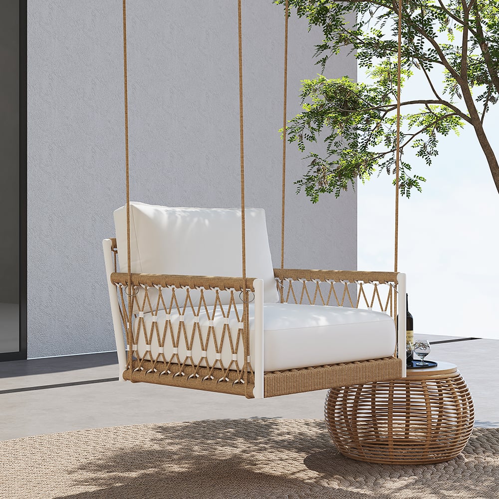 Vragen en antwoorden voor Ropipe Boho 2-zits kaki geweven touw schommelbank voor buiten, wit kussen, set van 2