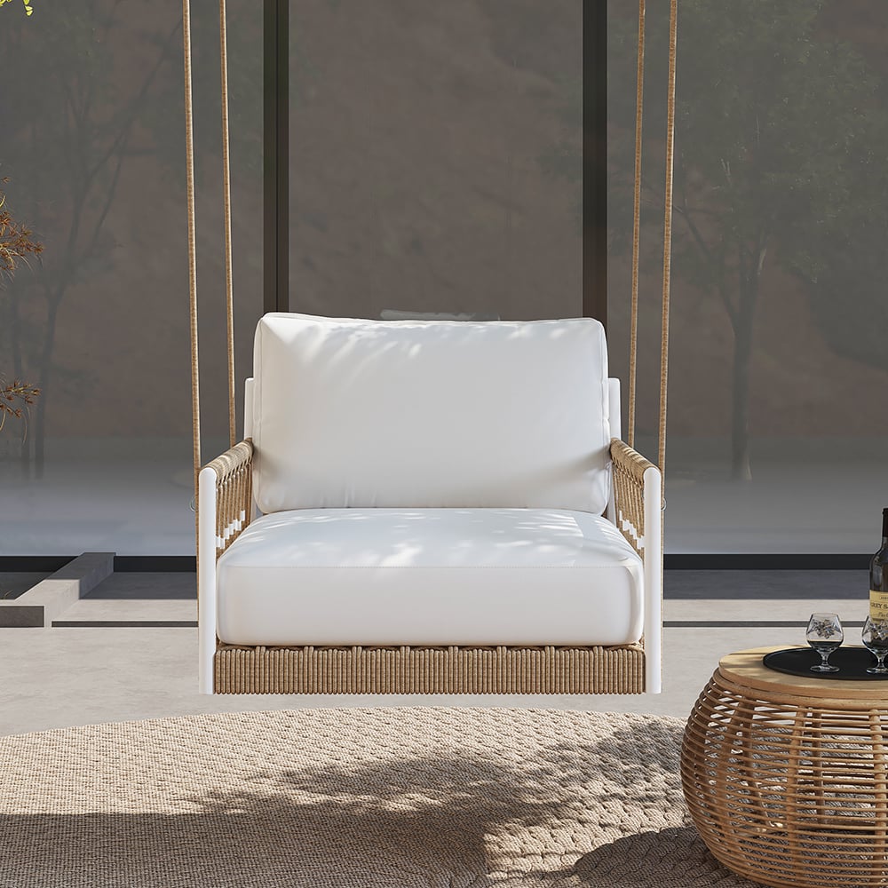 Questions and Answers for Ropipe Outdoor 1-Seater Swing Sofa in Khaki with Hand Woven Rope & White Cushion