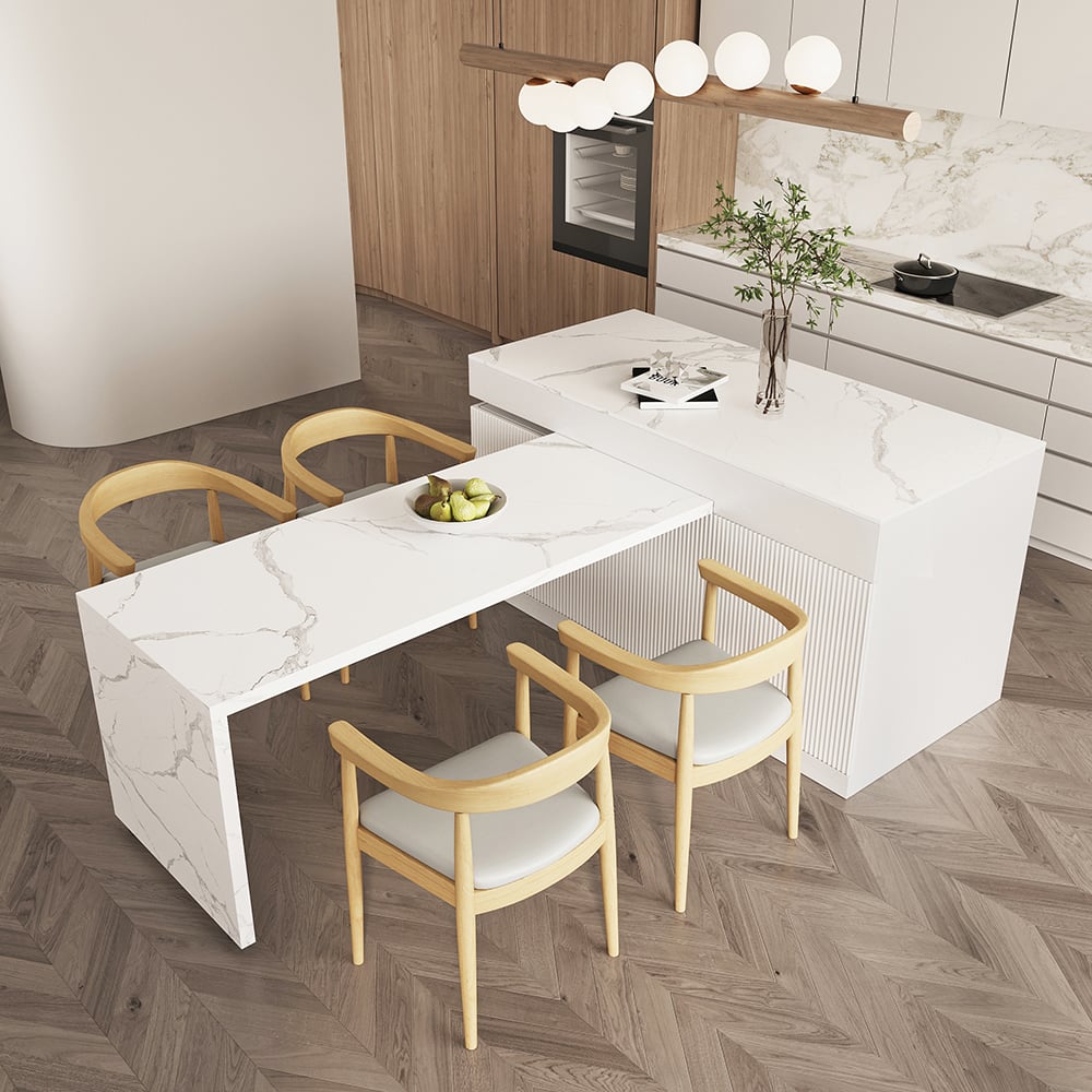 Domande e risposte per Isola cucina allungabile bianca con piano in pietra sinterizzata da 2050 mm a 2680 mm