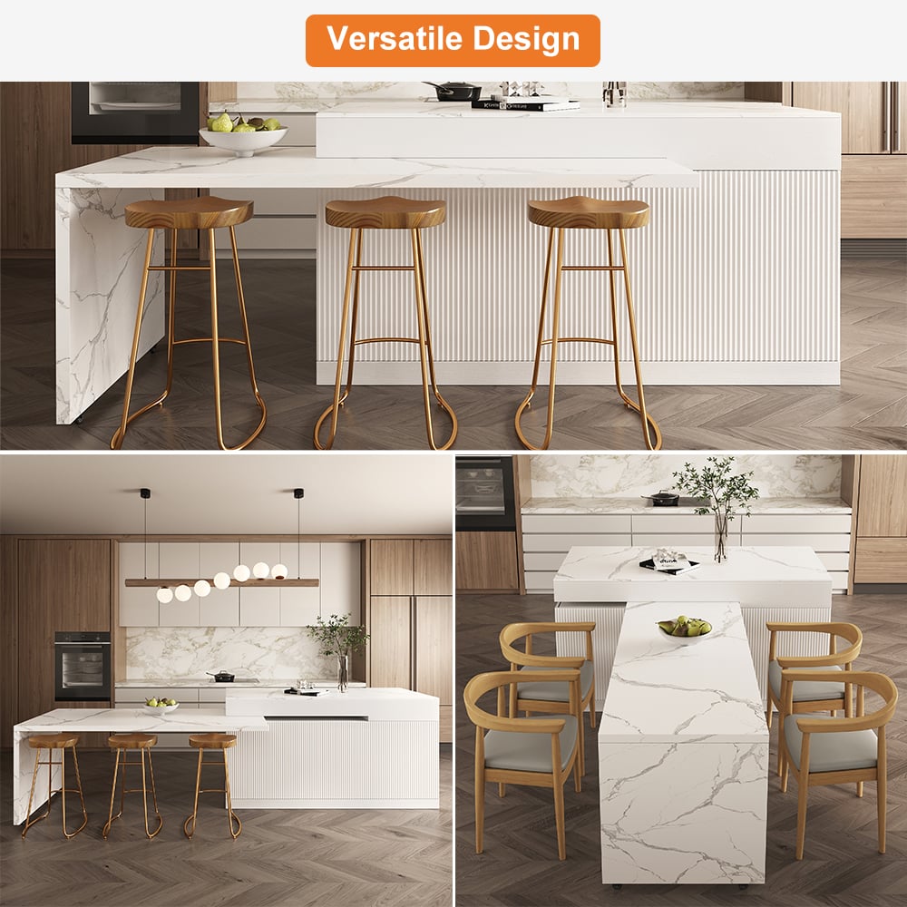 81''-106" White Extendable Kitchen lsland with Doors & Drawers Marble Pattern Top