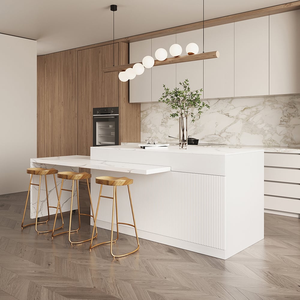81''-106" White Extendable Kitchen lsland with Doors & Drawers Marble Pattern Top