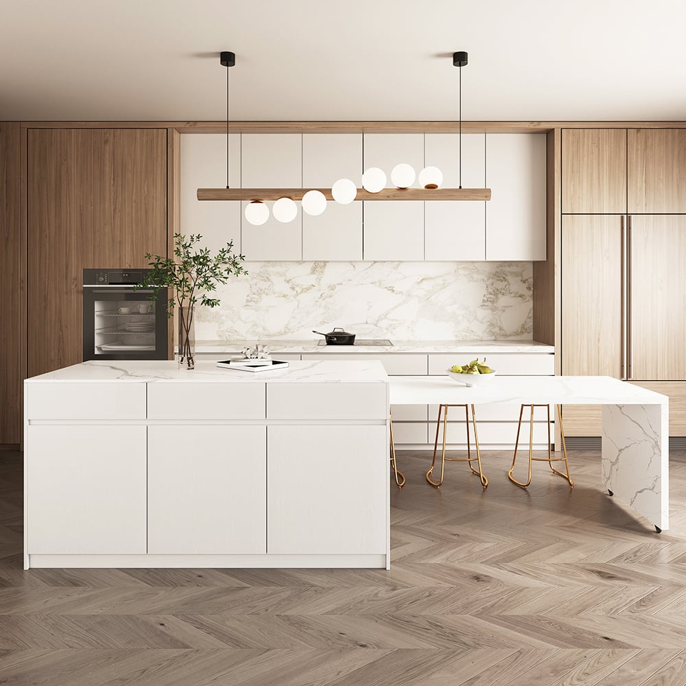 81''-106" White Extendable Kitchen lsland with Doors & Drawers Marble Pattern Top