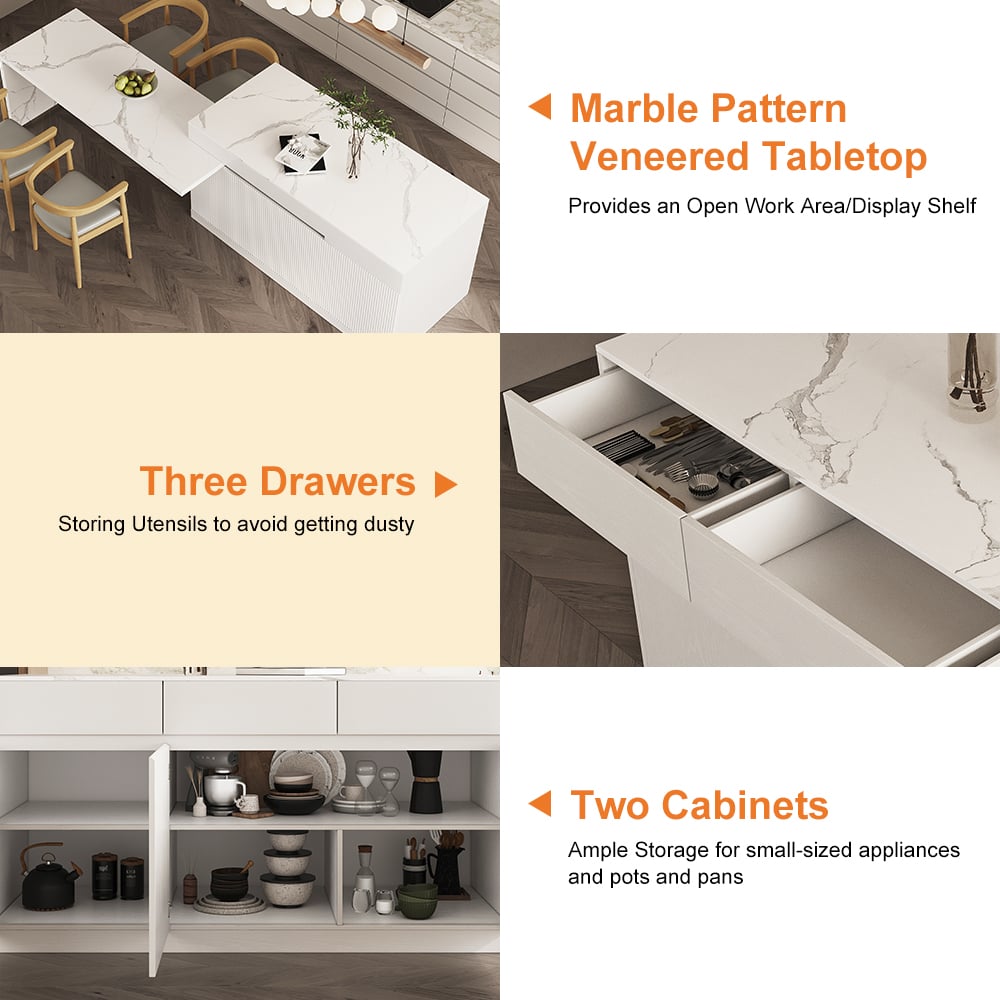 81''-106" White Extendable Kitchen lsland with Doors & Drawers Marble Pattern Top
