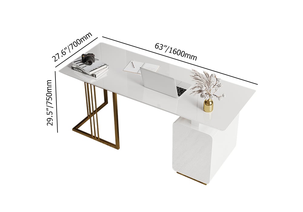 63" Modern White Executive Desk with Drawers & Side Cabinet in Gold Base weights dimensions image