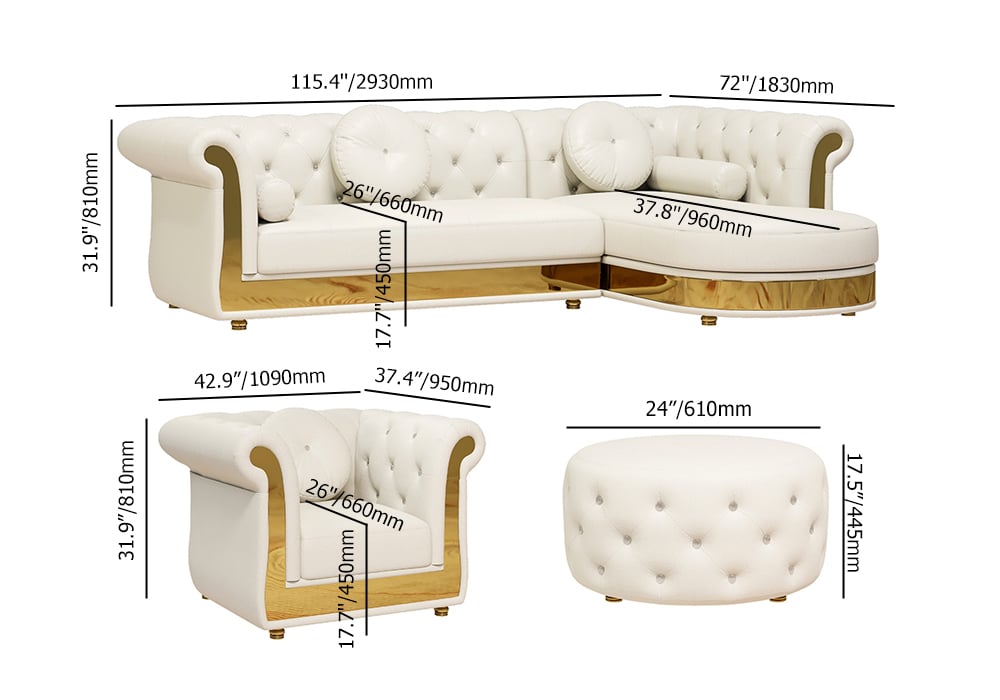Dodiy Modern L-Shaped White Tufted Corner Sectional Sofa 6-Seater with Ottoman & Pillows weights dimensions image
