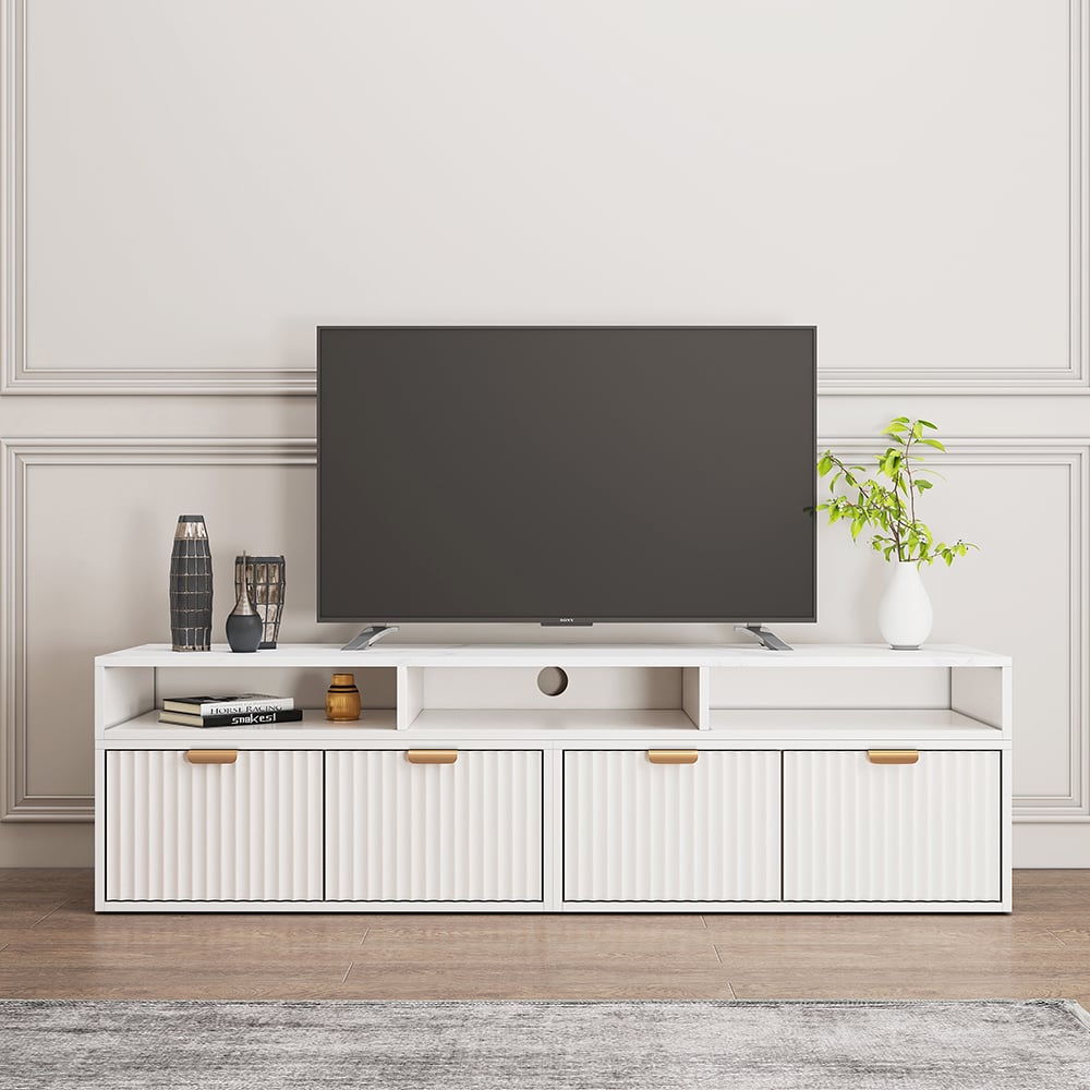 Questions and Answers for 1440mm TV Stand White Corner Media Console Fluted with 2 Drawers & 5 Shelves