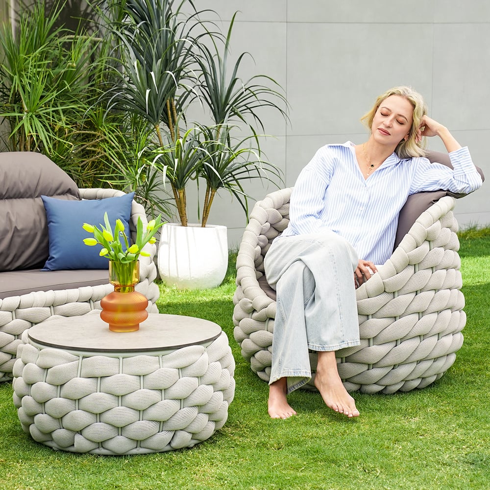 Avis Clients sur Table basse d'extérieur ronde moderne avec rangement et base tissée en corde textilène en gris