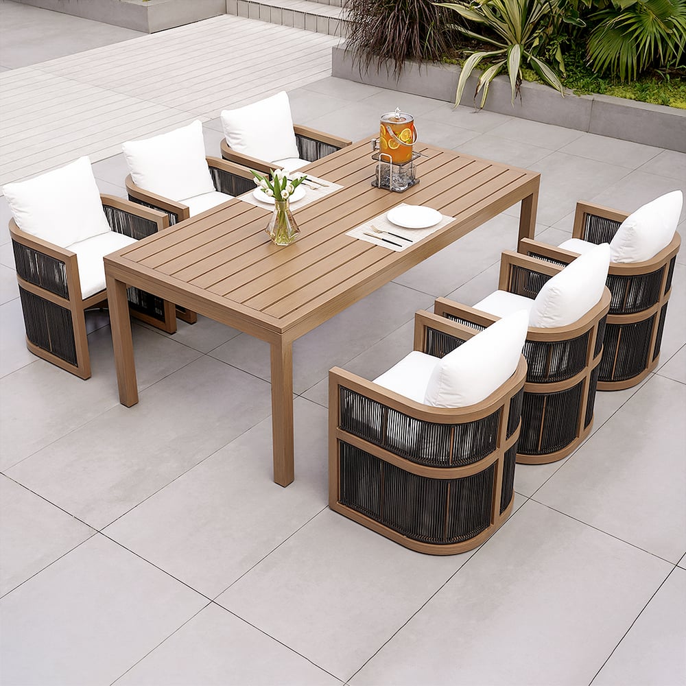 Questions and Answers for 7 Pieces Outdoor Dining Set For 6 with Rectangle Table & Rope Woven Armchair in Natural