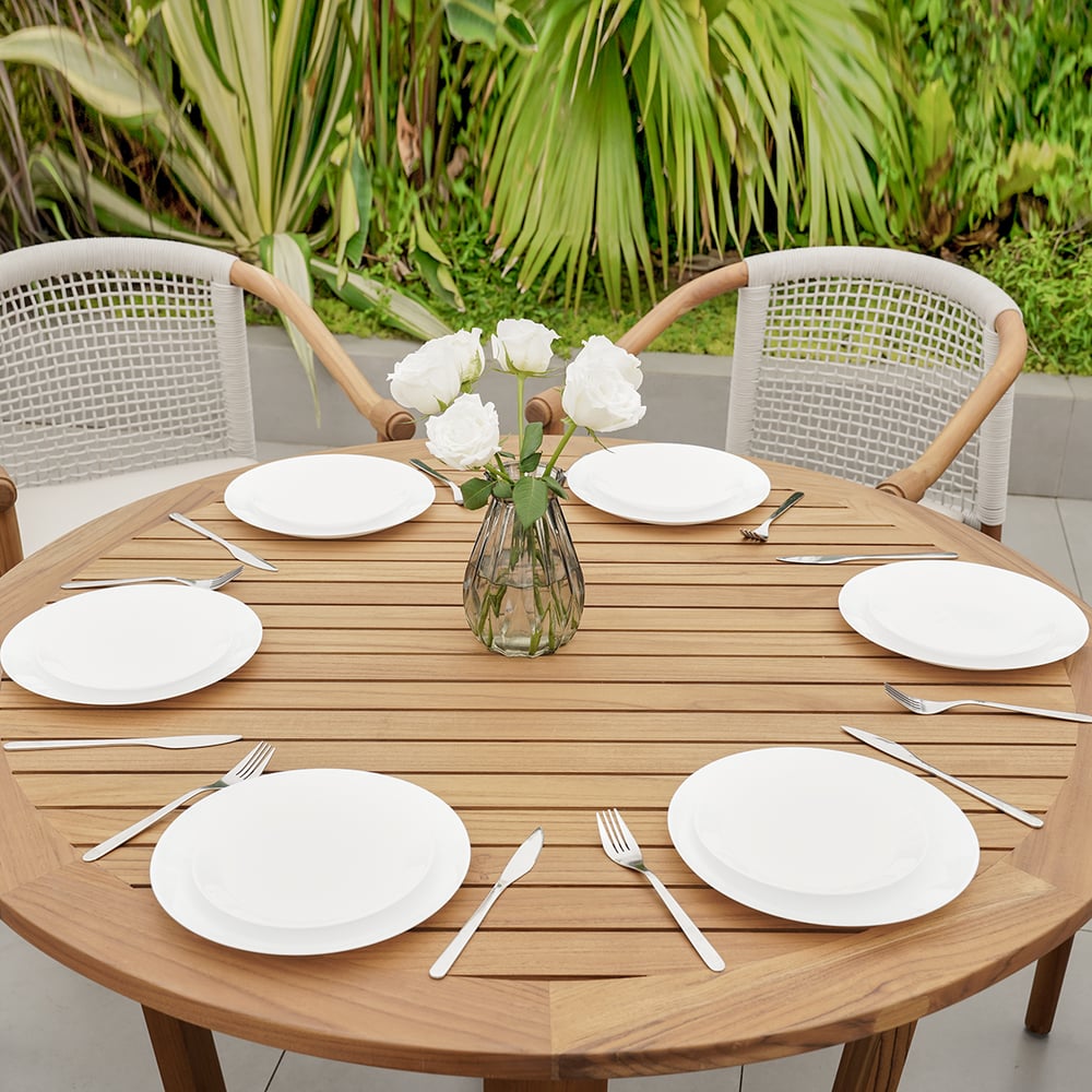 Perguntas e respostas para Mesa de jantar moderna de madeira de teca redonda para 6 pessoas em madeira de teca natural