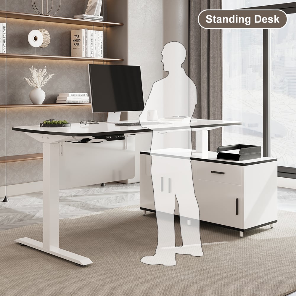 Domande e risposte per Moderno set da scrivania elettrica regolabile a L bianco con scrivania destra e sedia da ufficio