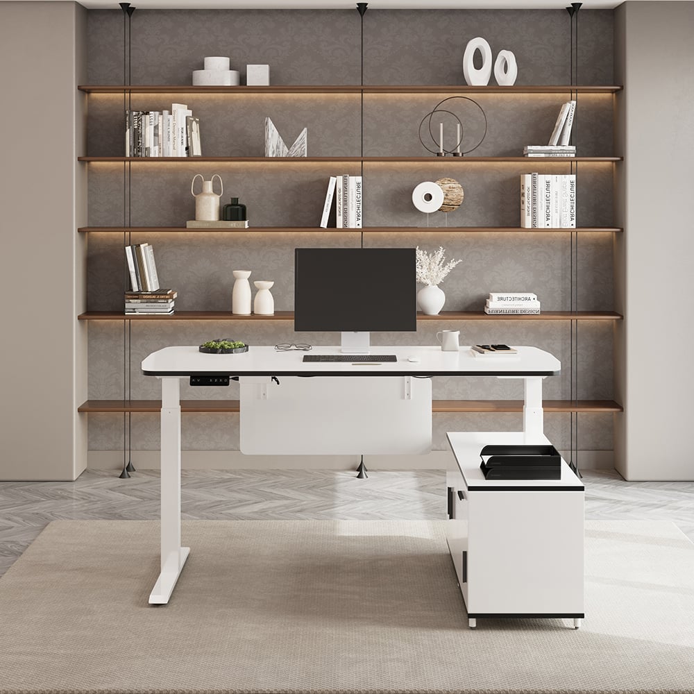 Domande e risposte per Moderno set da scrivania elettrica regolabile a L bianco con scrivania destra e sedia da ufficio