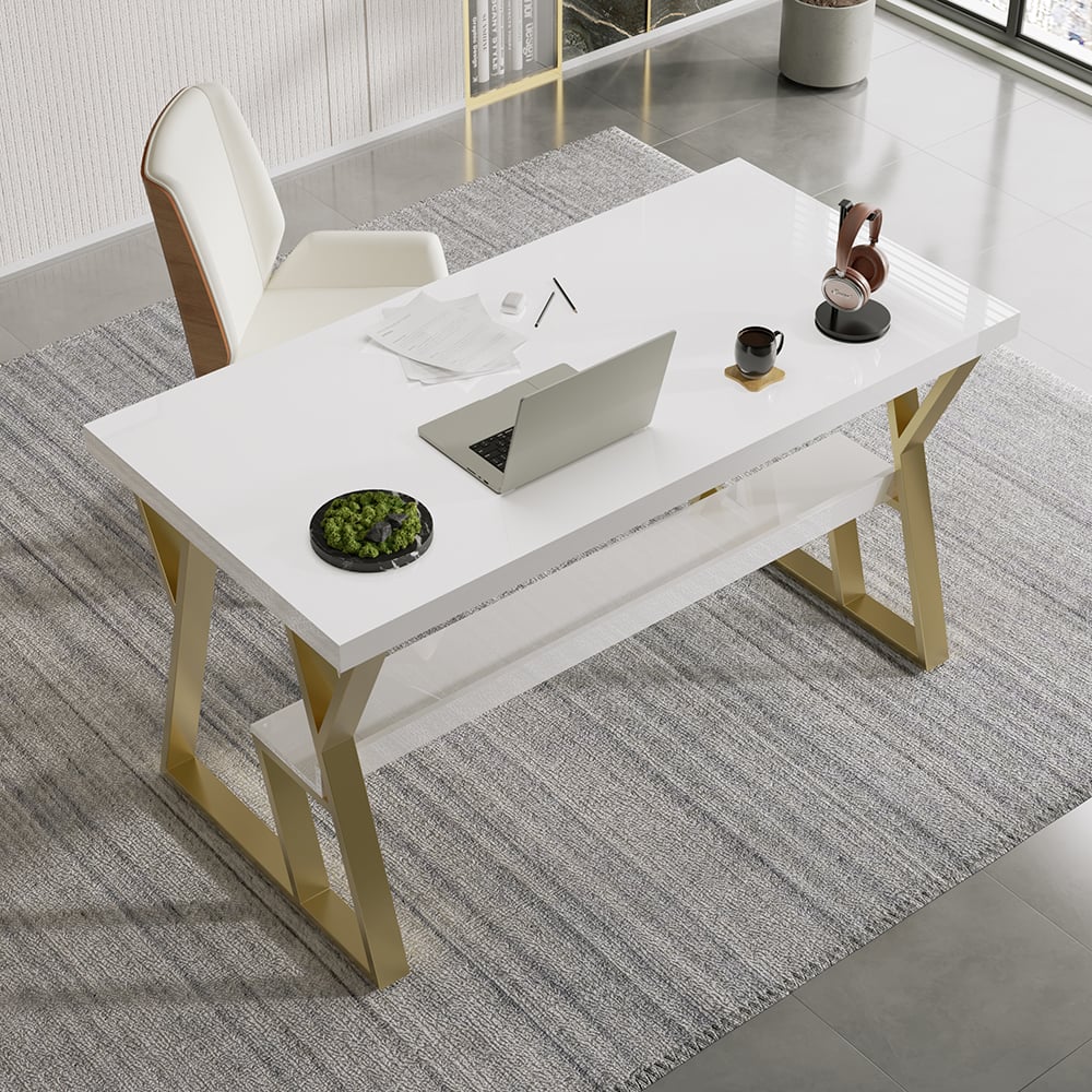 Avaliações de clientes sobre Mesa de computador branca moderna retangular de 55 polegadas Mesa de escritório com gaveta e prateleira, perna dourada