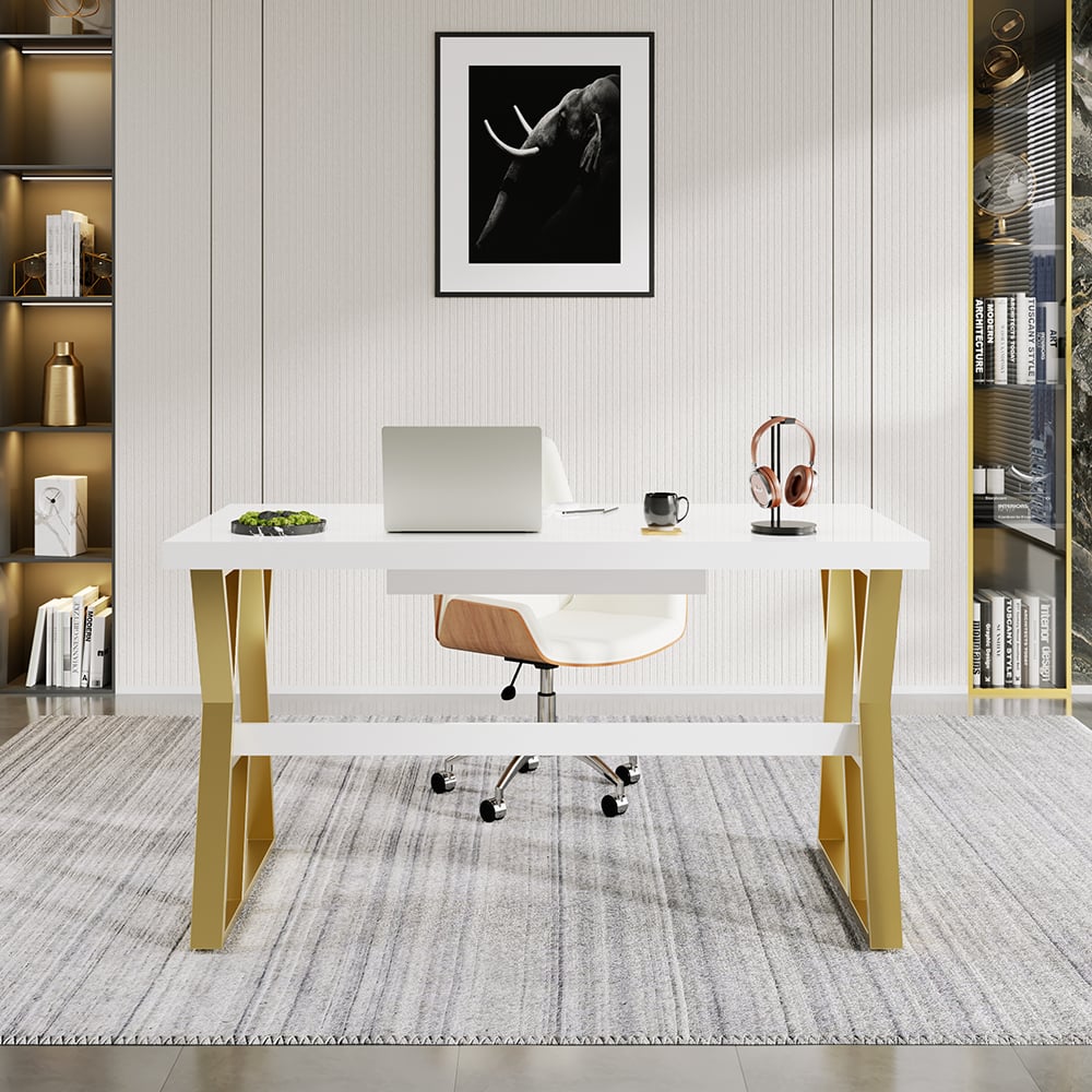 Avaliações de clientes sobre Mesa de computador branca moderna retangular de 55 polegadas Mesa de escritório com gaveta e prateleira, perna dourada