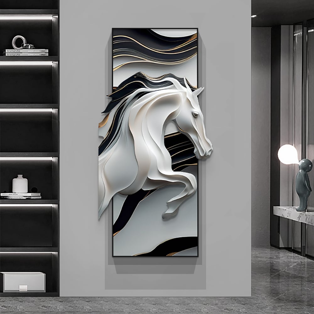 Preguntas y Respuestas para Decoración creativa abstracta irregular para colgar en la pared con forma de caballo blanco y negro para el hogar