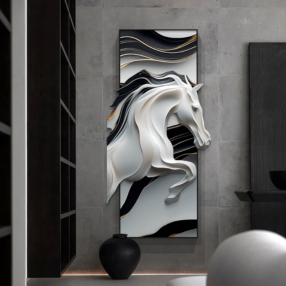 Preguntas y Respuestas para Decoración creativa abstracta irregular para colgar en la pared con forma de caballo blanco y negro para el hogar