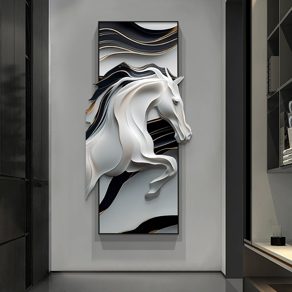 Preguntas y Respuestas para Decoración creativa abstracta irregular para colgar en la pared con forma de caballo blanco y negro para el hogar