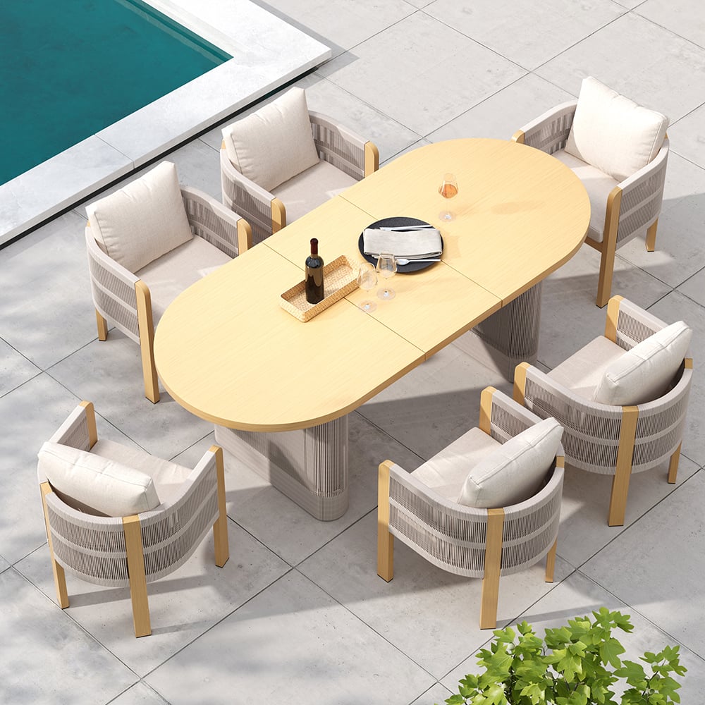 Questions and Answers for 7 Pieces Aluminum Outdoor Dining Set with Extendable Top Table Woven Armchair for 6