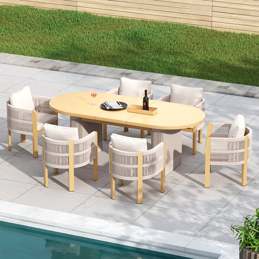 Questions and Answers for 7 Pieces Aluminum Outdoor Dining Set with Extendable Top Table Woven Armchair for 6