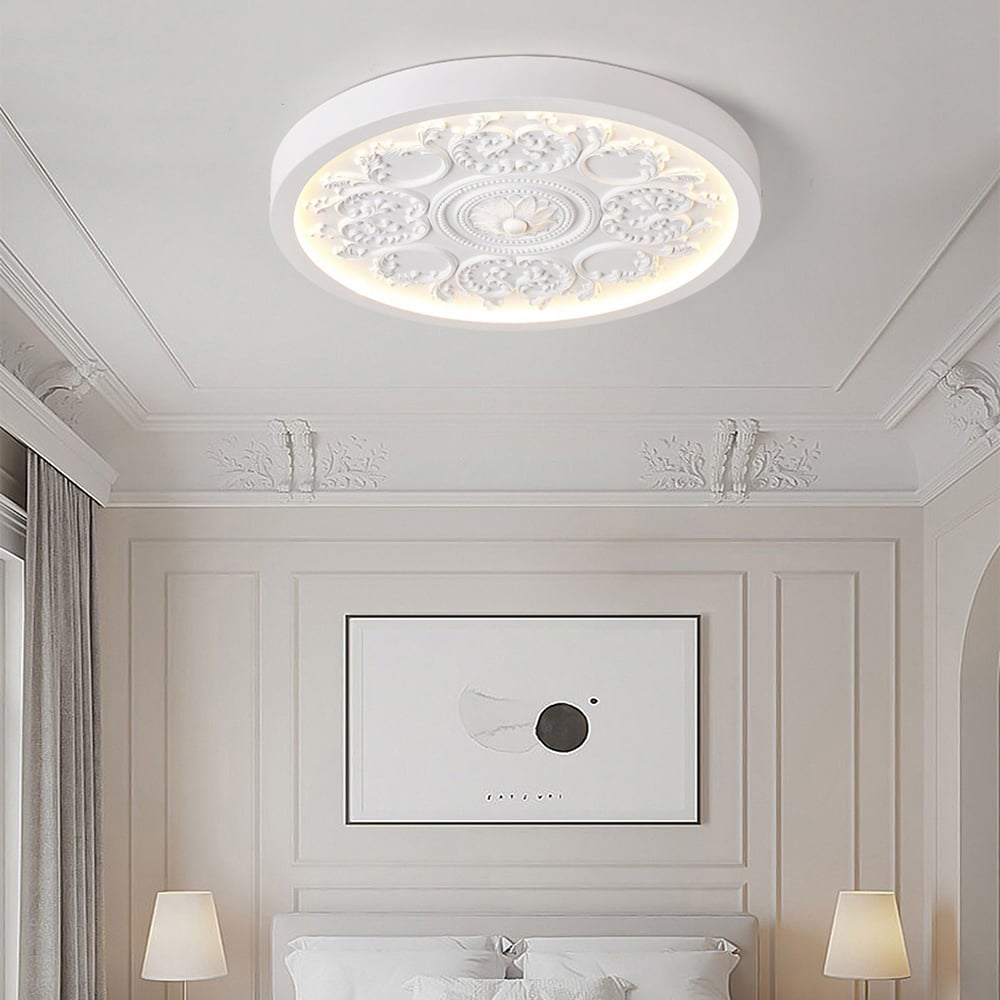Questions and Answers for French Elegant White Resin 3D Carved LED Flush Ceiling light