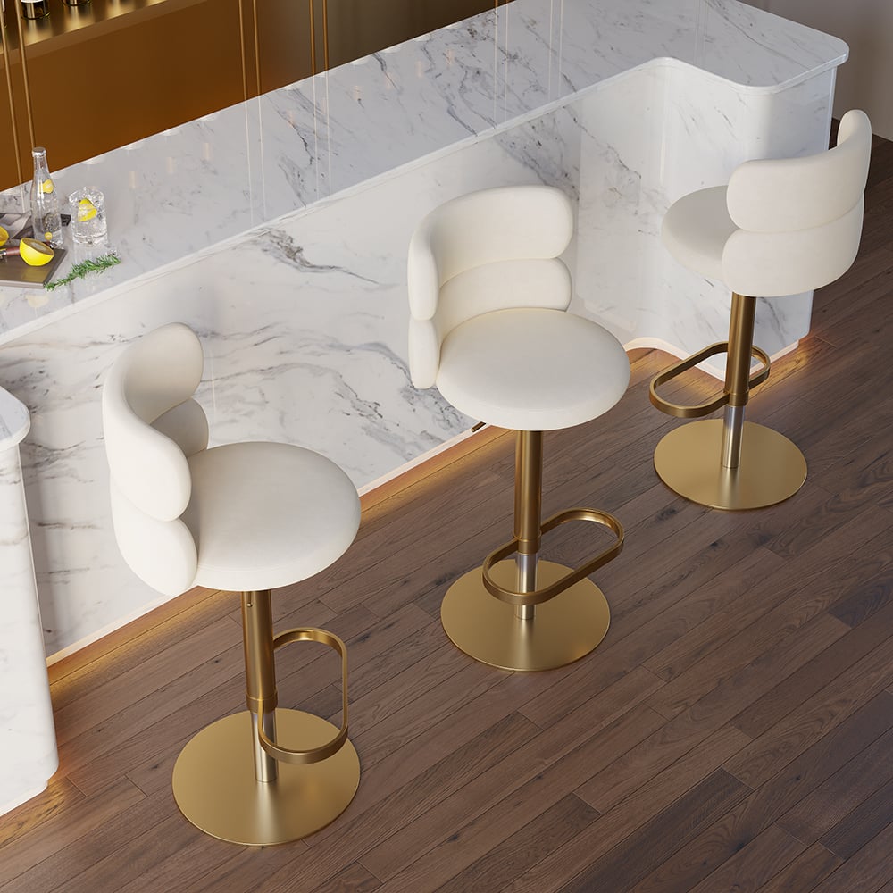 Reseñas de Clientes para Taburete de bar giratorio de 4 piezas, isla de cocina, respaldo curvo, terciopelo beige, altura ajustable, dorado