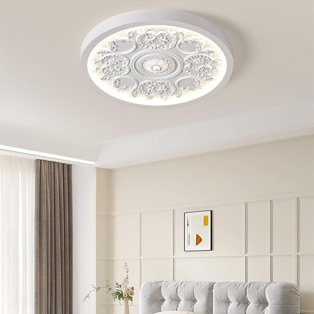 Questions and Answers for French Elegant White Resin 3D Carved LED Flush Ceiling light