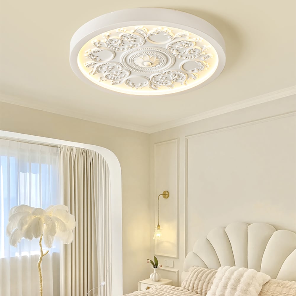 Questions and Answers for French Elegant White Resin 3D Carved LED Flush Ceiling light