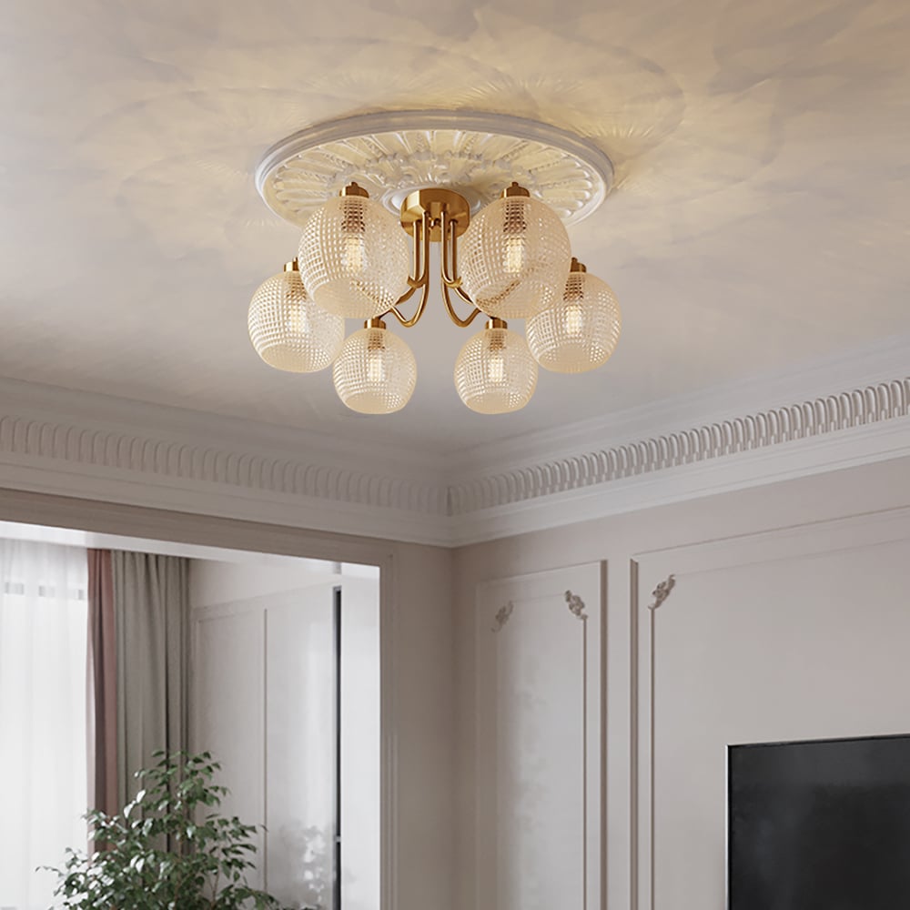 Reseñas de Clientes para Lámpara de techo retro dorada de 6 bombillas con pantalla de vidrio transparente en forma de globo, montaje semiempotrado