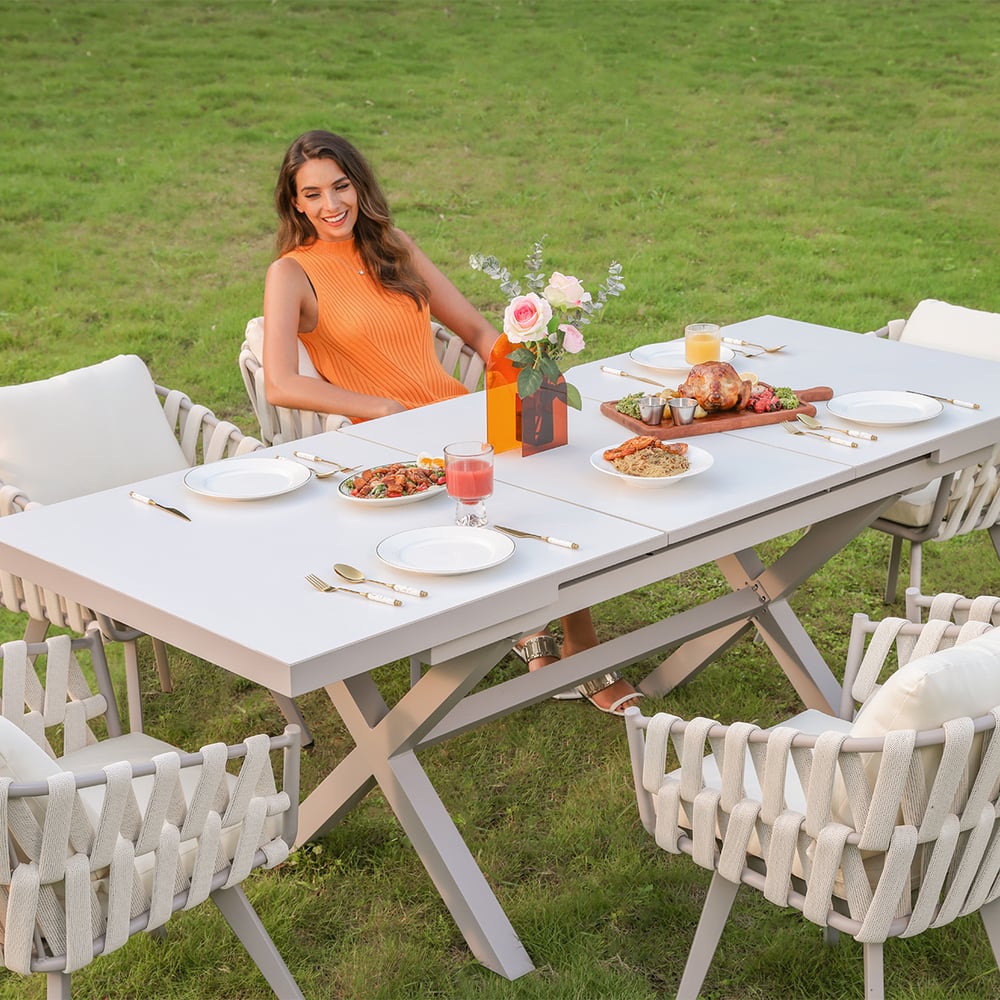 Customer Reviews for 7-Piece Outdoor Extendable Dining Set with 6 Rope Weave Chairs (64.2"-84.3") in White