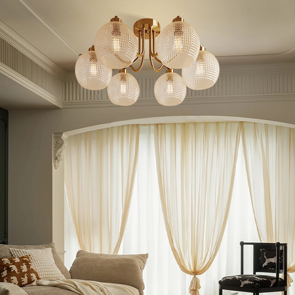 Reseñas de Clientes para Lámpara de techo retro dorada de 6 bombillas con pantalla de vidrio transparente en forma de globo, montaje semiempotrado