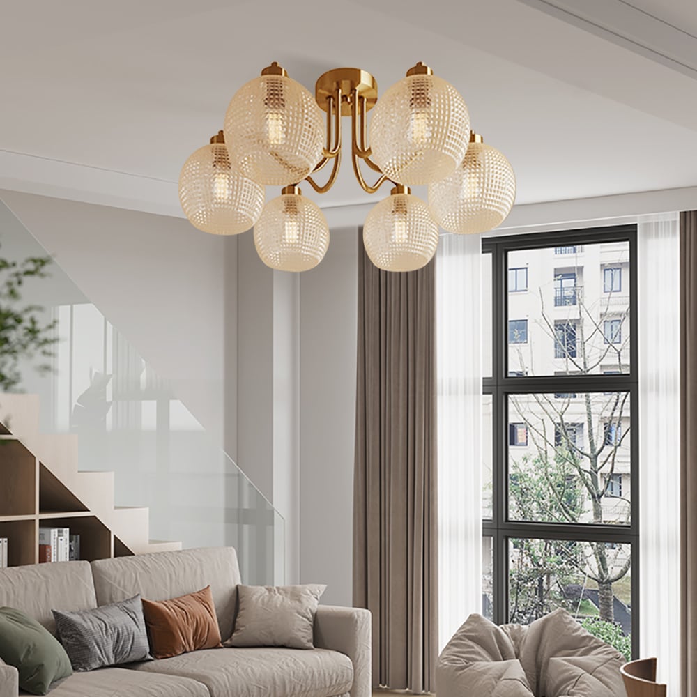 Reseñas de Clientes para Lámpara de techo retro dorada de 6 bombillas con pantalla de vidrio transparente en forma de globo, montaje semiempotrado