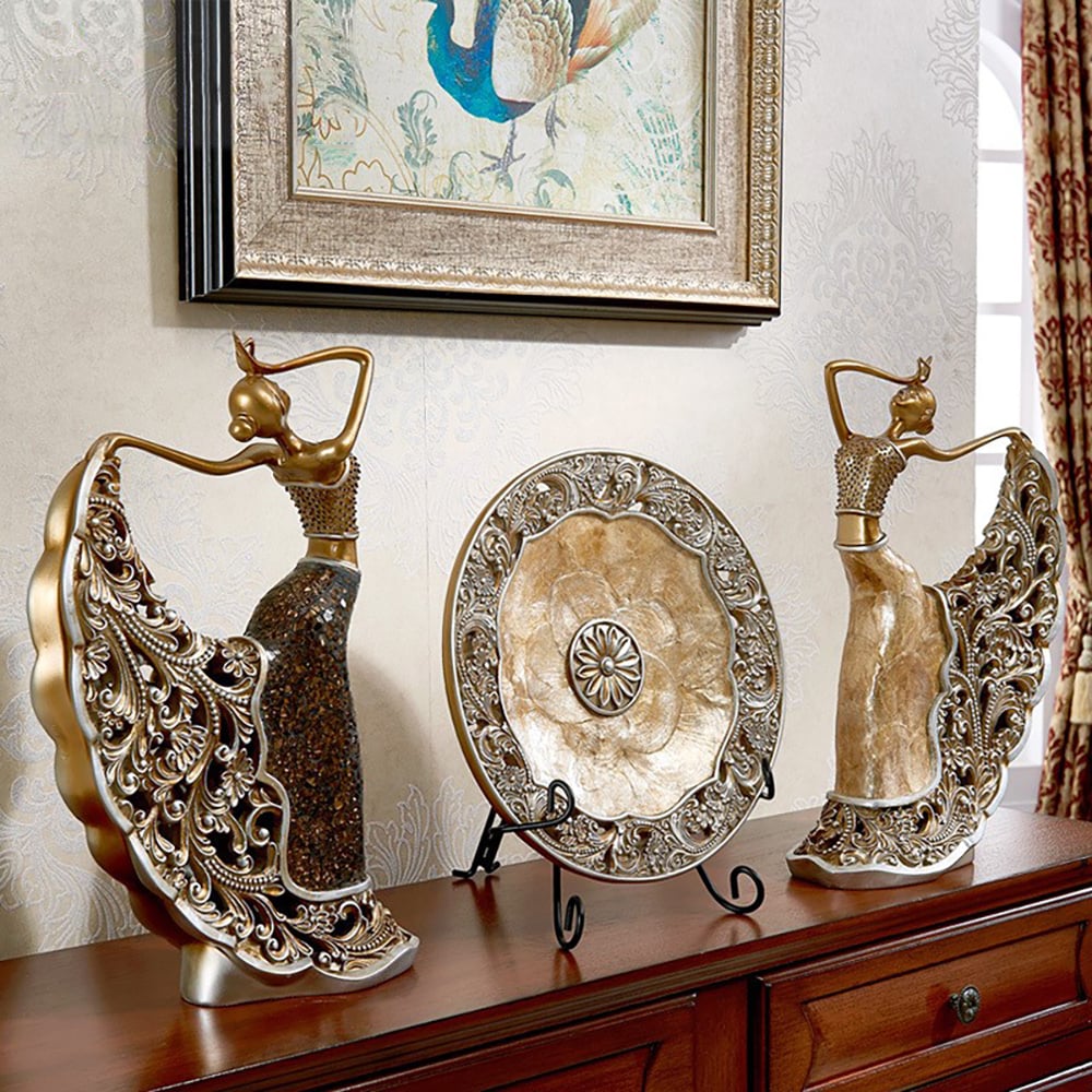 Questions and Answers for 3PCS Vintage Gold Figure Statue Sculpture Set Romantic Shell Dancer Desktop Decor