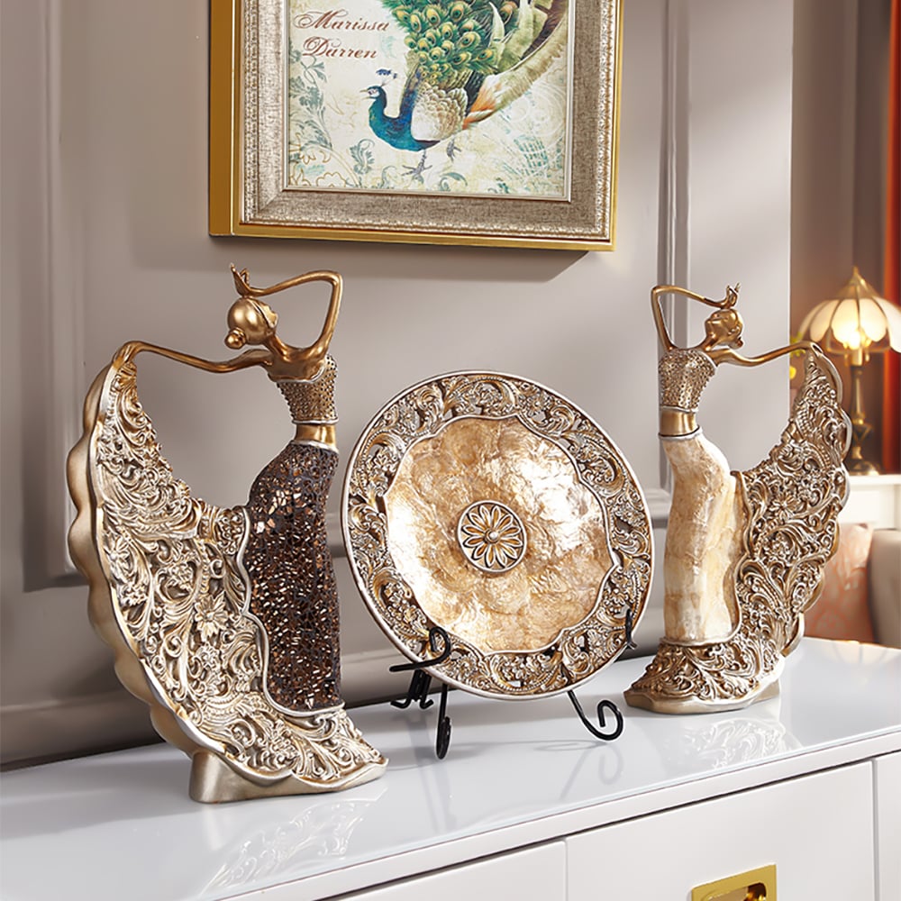 Questions and Answers for 3PCS Vintage Gold Figure Statue Sculpture Set Romantic Shell Dancer Desktop Decor