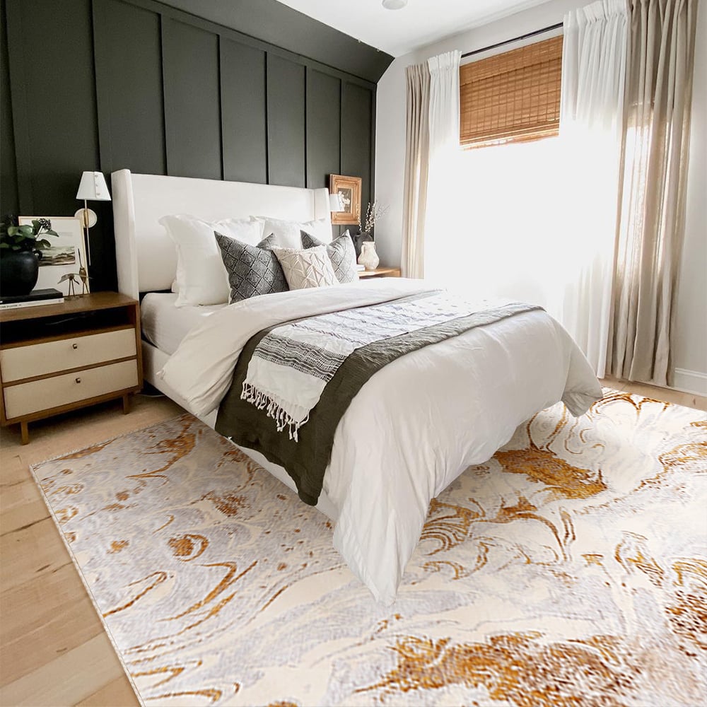 Vragen en antwoorden voor Gradient Gold Abstract tapijt voor de woonkamer, machinewasbaar, antislip, waterdicht vloerkleed