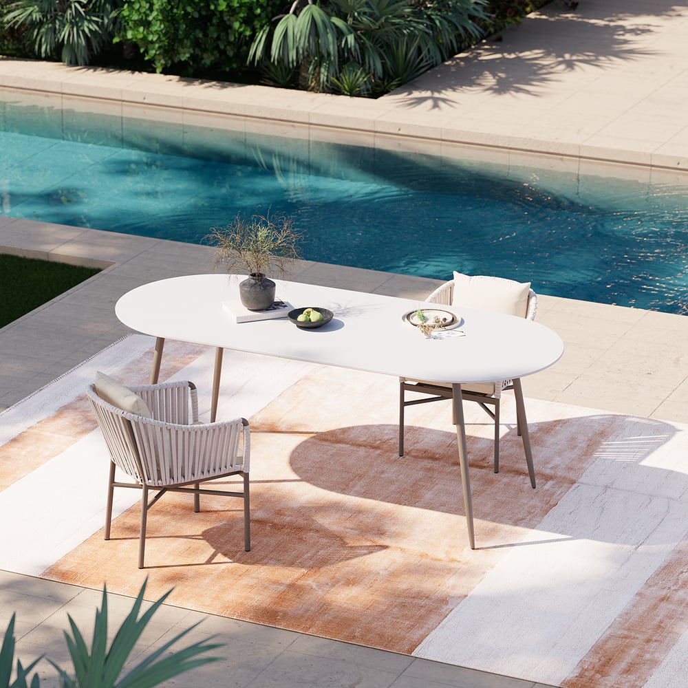 Questions and Answers for 6 - Person Oval Faux Marble Top & Aluminium Outdoor Patio Dinning Table in White & Grey