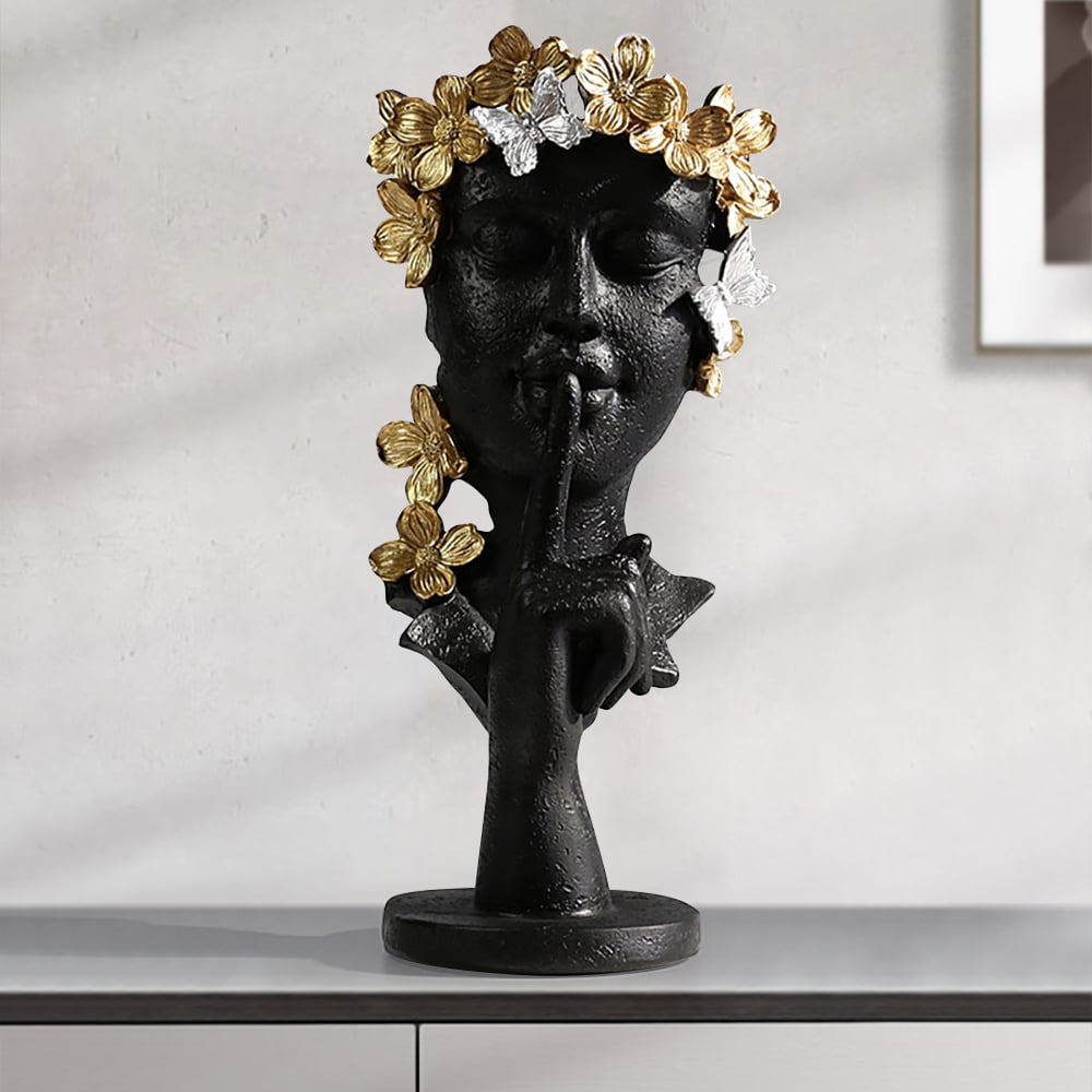 Questions et Réponses pour Statue de penseur noire et dorée en résine, décoration de bureau en forme de silence romantique