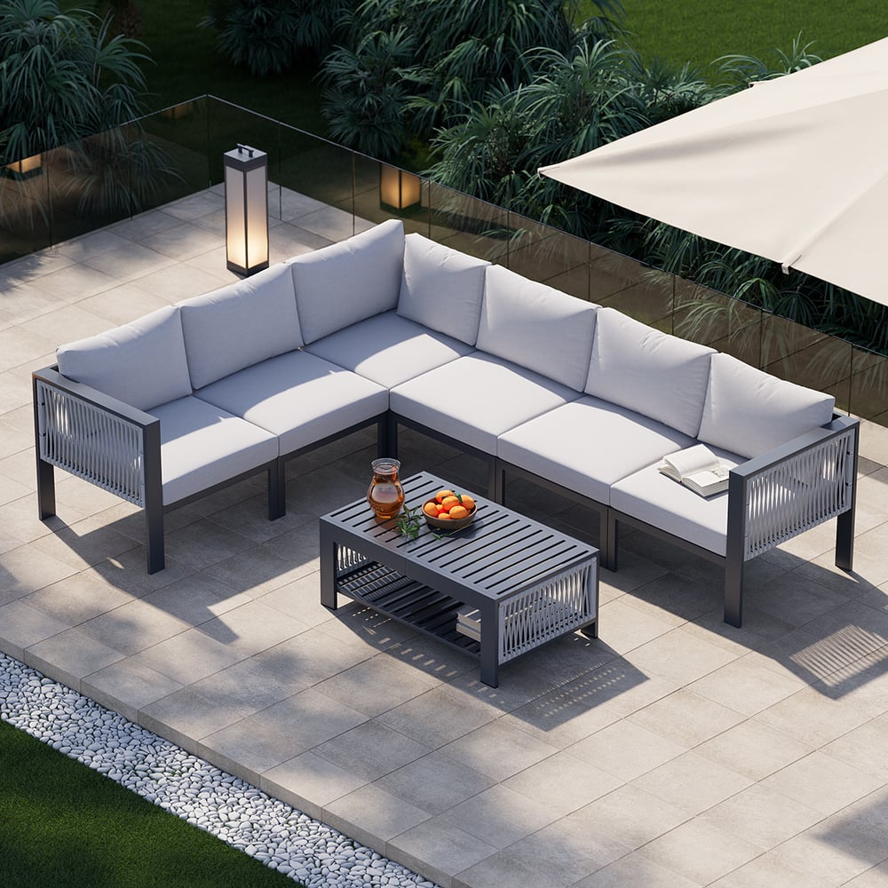 Questions and Answers for 7-Pieces Modular Aluminum L-Shaped Outdoor Sectional Sofa Set in Light Gray for 6 Person