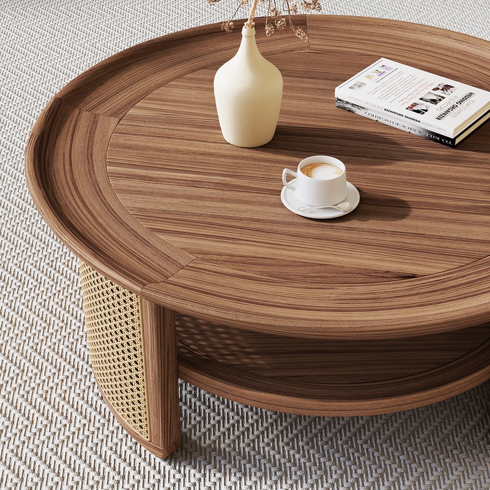 Customer Reviews for 2-Tiered Japandi Round  Walnut Wood Coffee Table with Storage Rattan Base