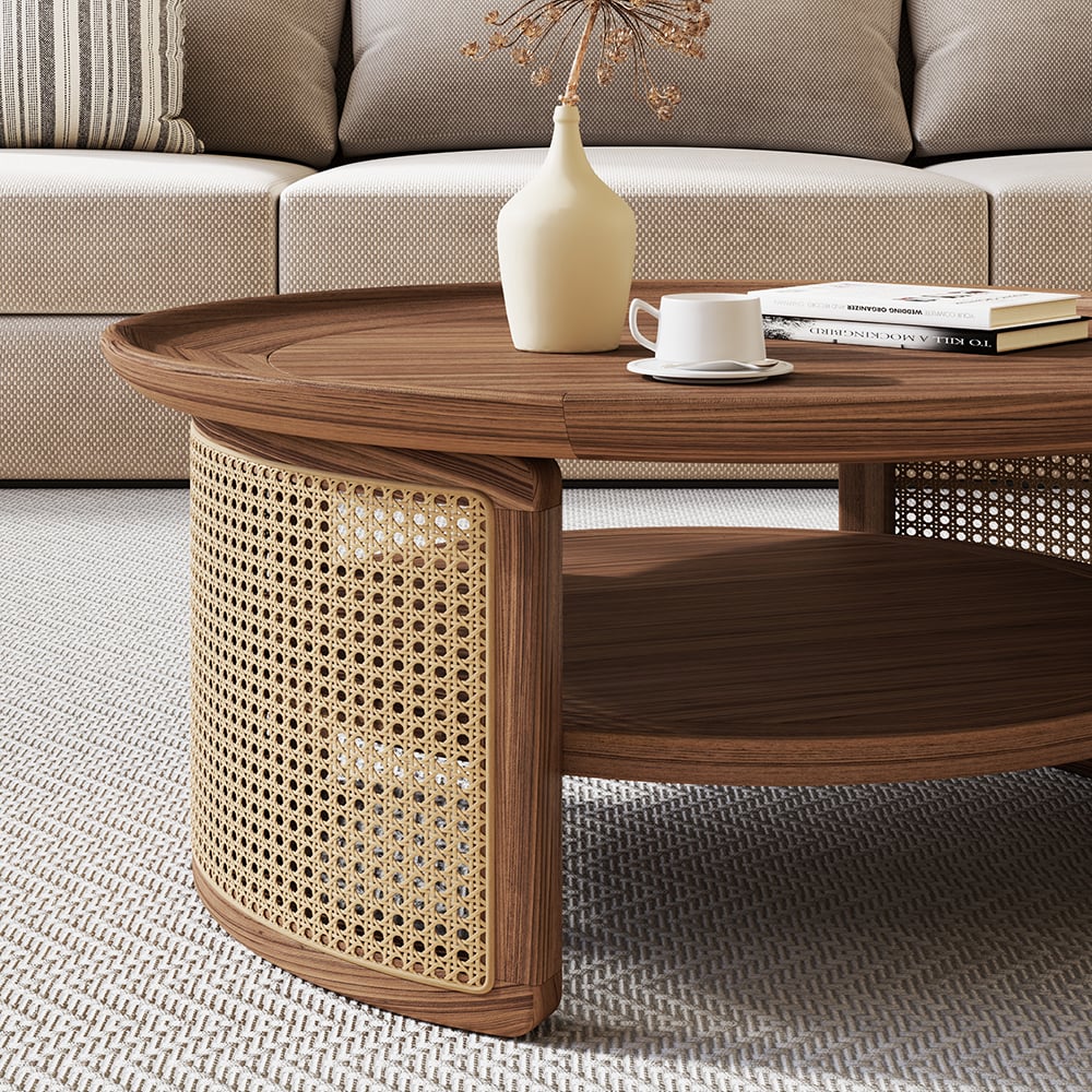 Free Shipping on 2-Tiered Japandi Round  Walnut Wood Coffee Table with Storage Rattan Base｜Homary 