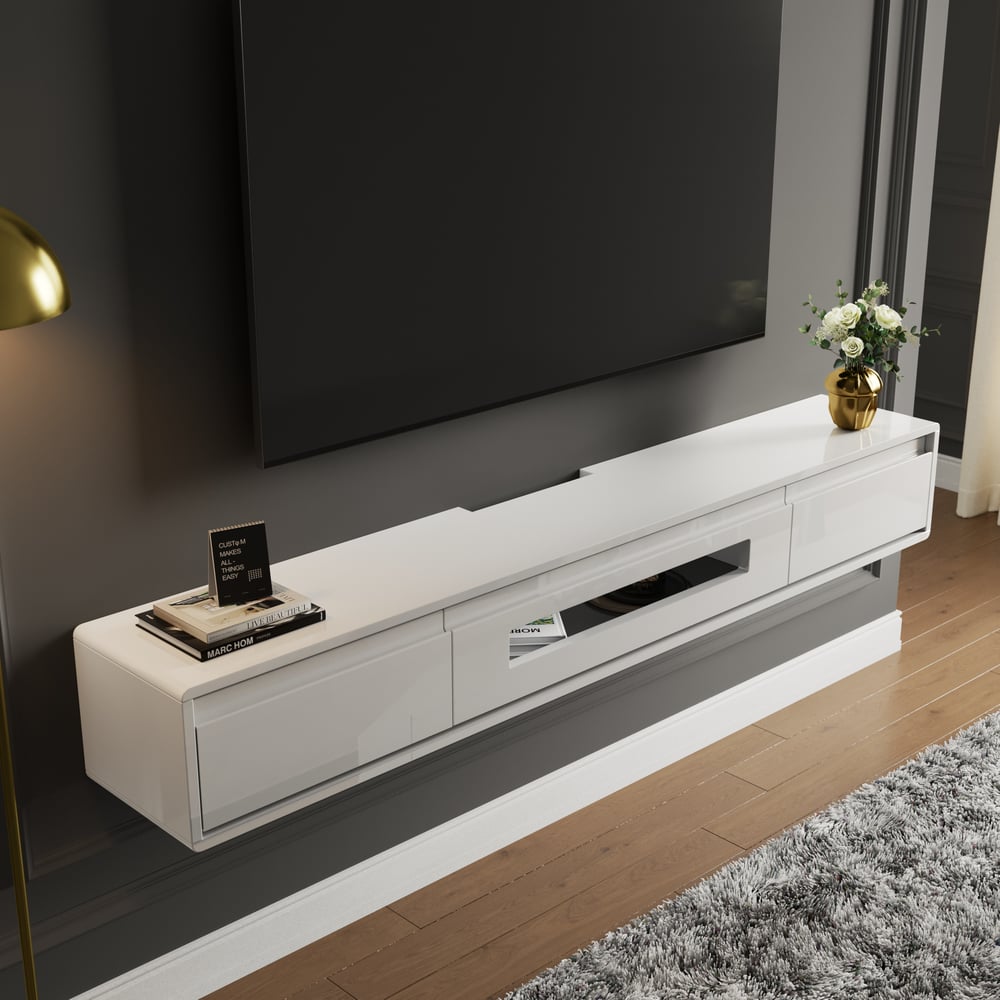 Vragen en antwoorden voor 1500 mm witte gladde tv-standaard Postmoderne minimalistische zwevende mediaconsole met opbergruimte