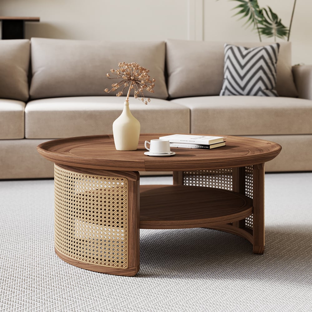 Customer Reviews for 2-Tiered Japandi Round  Walnut Wood Coffee Table with Storage Rattan Base