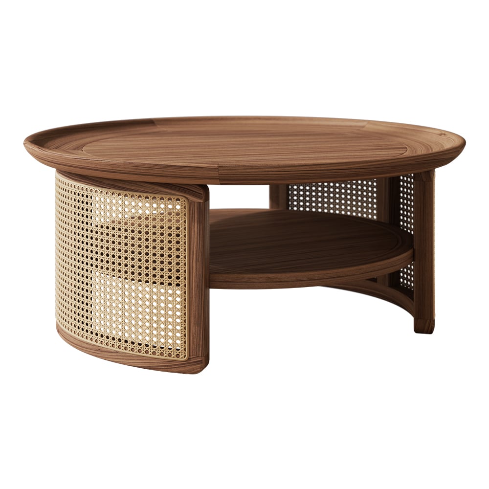 Free Shipping on 2-Tiered Japandi Round  Walnut Wood Coffee Table with Storage Rattan Base｜Homary 