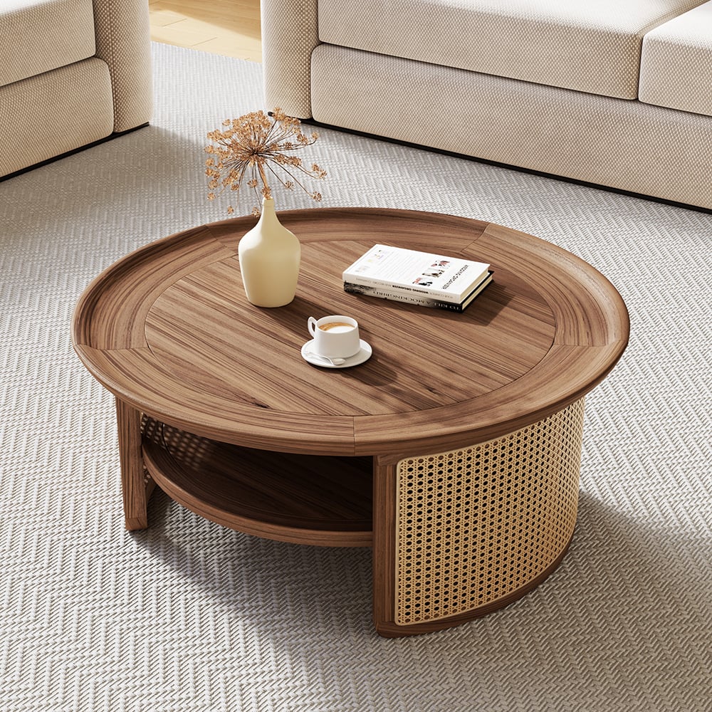 Customer Reviews for 2-Tiered Japandi Round  Walnut Wood Coffee Table with Storage Rattan Base