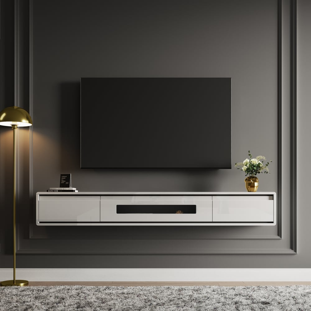 Vragen en antwoorden voor 1500 mm witte gladde tv-standaard Postmoderne minimalistische zwevende mediaconsole met opbergruimte