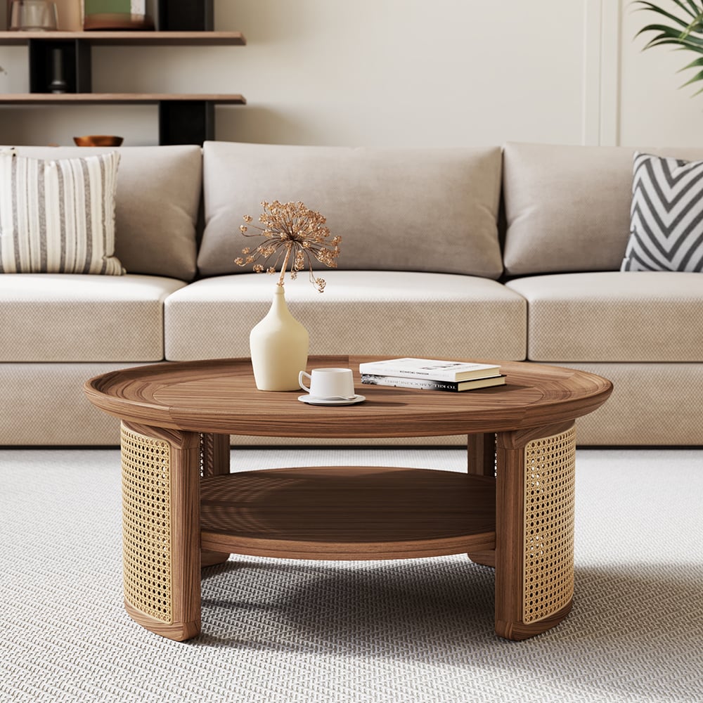 Customer Reviews for 2-Tiered Japandi Round  Walnut Wood Coffee Table with Storage Rattan Base