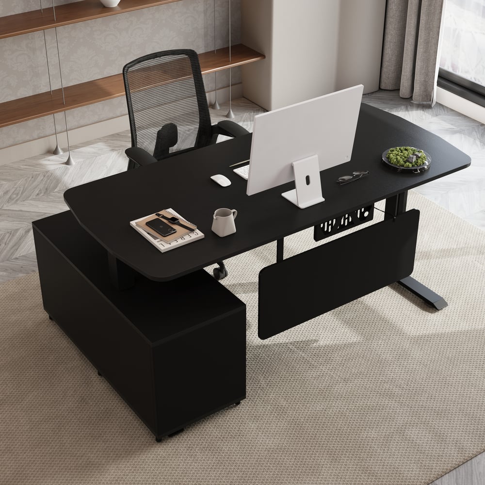 Otázky a odpovědi pro Moderní černý L-Desk nastavitelný elektrický stojící stůl Pravá ruka a sada kancelářských židlí