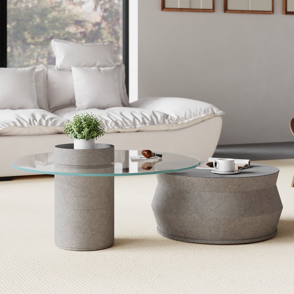 Recensioni dei clienti per Set di 2 tavolini da caffè rotondi a incastro, tavolino da caffè moderno in cemento grigio con tamburo