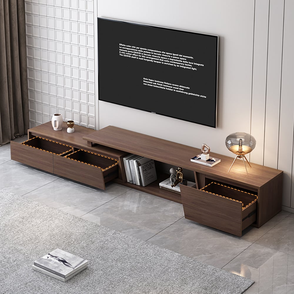 Pytania i odpowiedzi dla Wysuwany stojak na telewizor Fero z 3 szufladami orzechowymi, z możliwością rozbudowy od 180 do 280 cm